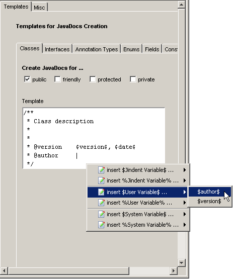 Example of context menu in JavaDoc template