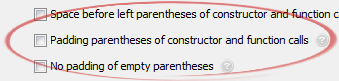 Padding parentheses of constructor and function calls