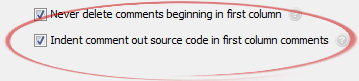 Indent comment out source code in first column comments